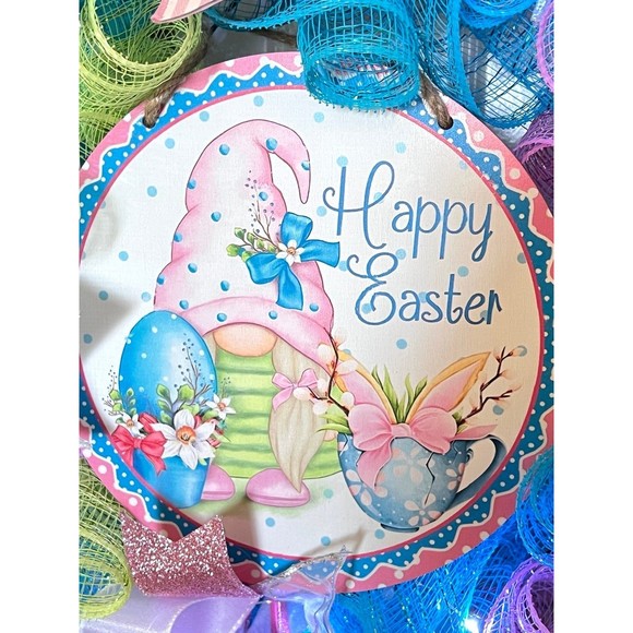 Handmade Easter Girl Bunny Gnome Prelit Ribbon Wreath 22 in LED W8 - Picture 4 of 10